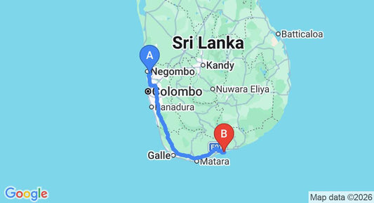 Driving route map: Colombo Airport (CMB) to Turtle Bay, Kalametiya (230 km, approx 3 h 10 min private transfer)