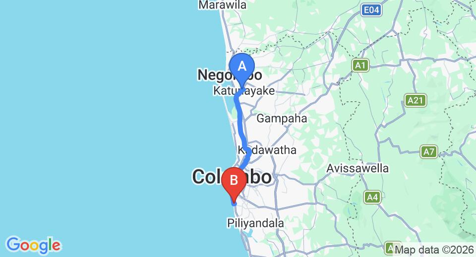 Driving route map: Colombo Airport (CMB) to Frangipani, Dehiwala (41 km, approx 1 h 1 min private transfer)
