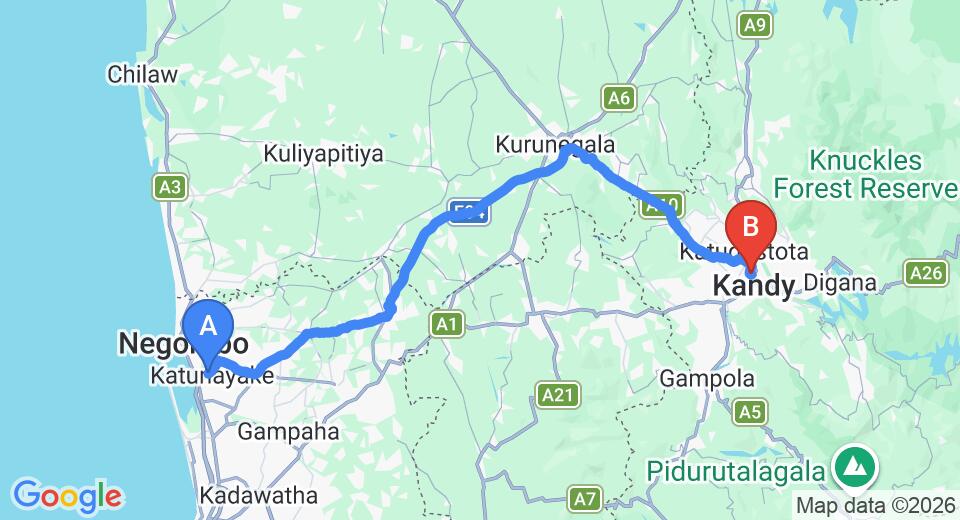 Driving route map: Colombo Airport (CMB) to Blue Haven Residence, Kandy (112 km, approx 2 h 47 min private transfer)