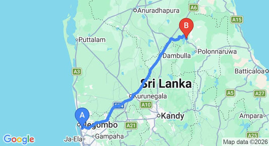 Driving route map: Colombo Airport (CMB) to Mansion Safari, Minneriya (176 km, approx 3 h 42 min private transfer)