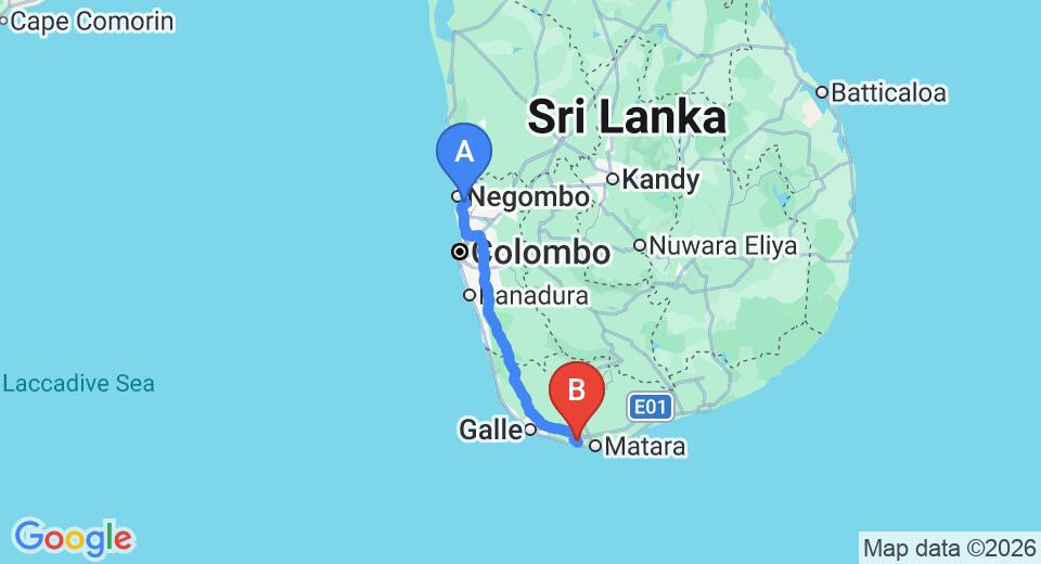 Driving route map: Colombo Airport (CMB) to Kumara Villa, Weligama (174 km, approx 2 h 26 min private transfer)