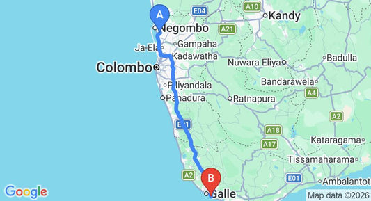 Driving route map: Colombo Airport (CMB) to Nooit Gedacht Ayurveda Health Resort, Unawatuna (152 km, approx 2 h 6 min private transfer)