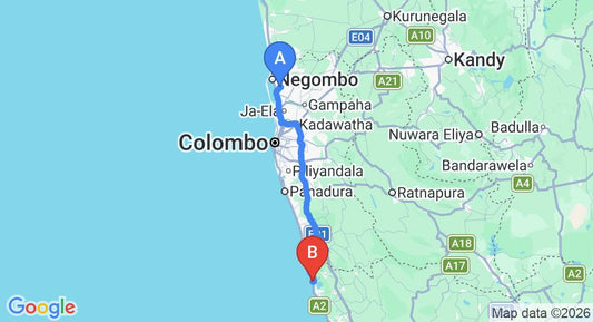 Driving route map: Colombo Airport (CMB) to White Villa Resort, Ahungalla (121 km, approx 2 h 0 min private transfer)
