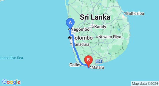 Driving route map: Colombo Airport (CMB) to Sri Sharavi Beach Villas, Mirissa (180 km, approx 2 h 36 min private transfer)