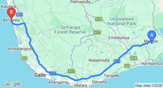 Driving route map: Mattala (HRI) Airport to Beruwala (174 km, approx 2 h 22 min private transfer)