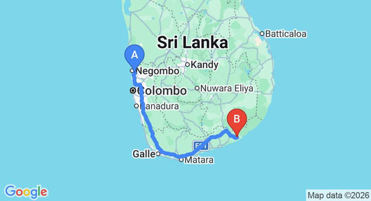Driving route map: Colombo Airport (CMB) to Koragaha Lodge, Tissamaharama (286 km, approx 3 h 55 min private transfer)