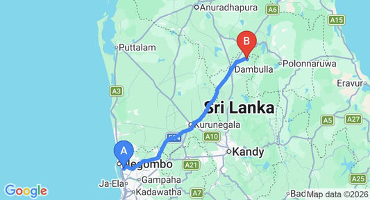 Driving route map: Colombo Airport (CMB) to Green Hut Hotel And Restaurant, Sigiriya (146 km, approx 3 h 13 min private transfer)