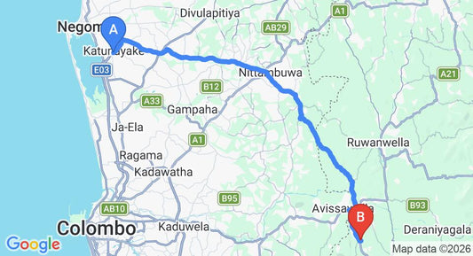 Driving route map: Colombo Airport (CMB) to Randiya Epiliyagoda Resort, Avissawella (61 km, approx 1 h 48 min private transfer)