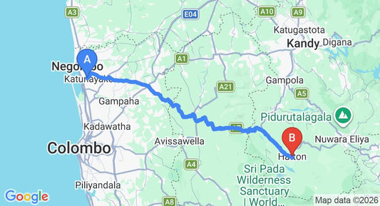 Driving route map: Colombo Airport (CMB) to The Peakrest Hotel, Hatton (116 km, approx 3 h 36 min private transfer)