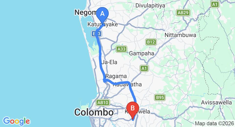 Driving route map: Colombo Airport (CMB) to Piyasa Home Stay, Malabe (41 km, approx 49 min private transfer)