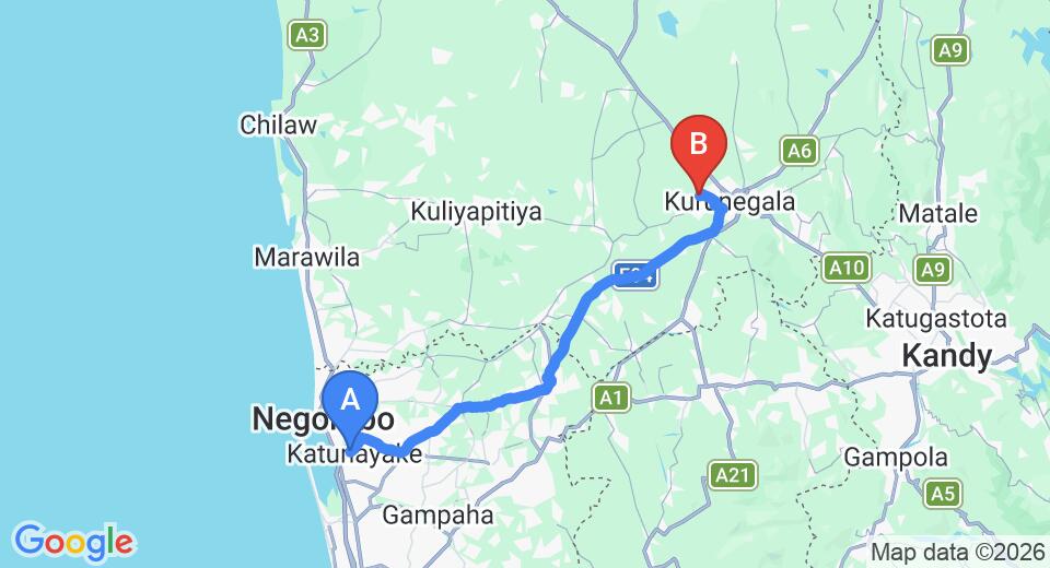 Driving route map: Colombo Airport (CMB) to Hotel Surasa, Kurunegala (75 km, approx 1 h 42 min private transfer)