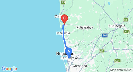 Driving route map: Colombo Airport (CMB) to Madampe (43 km, approx 1 h 16 min private transfer)