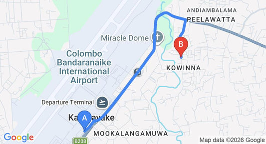 Driving route map: Colombo Airport (CMB) to Airport City Hub Hotel, Katunayake (4 km, approx 9 min private transfer)