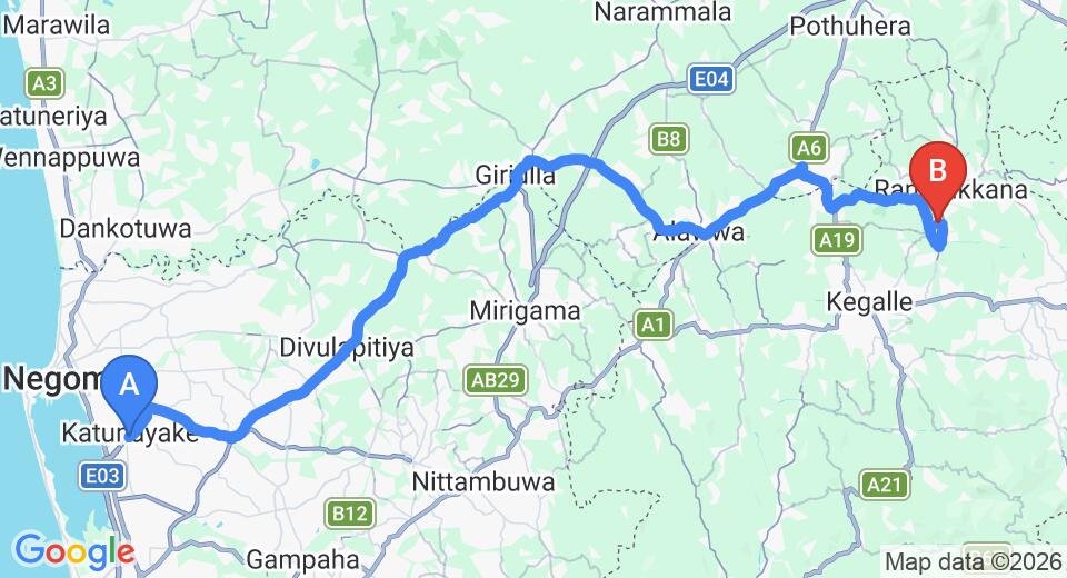 Driving route map: Colombo Airport (CMB) to Pinnalanda Restaurant, Rambukkana (78 km, approx 2 h 7 min private transfer)