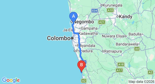 Driving route map: Colombo Airport (CMB) to Cocoon Sea Resort, Kosgoda (117 km, approx 1 h 52 min private transfer)