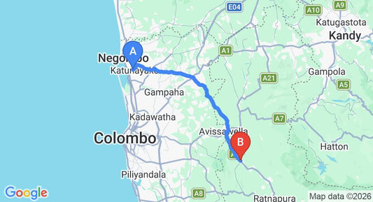 Driving route map: Colombo Airport (CMB) to Eheliyagoda (69 km, approx 2 h 0 min private transfer)