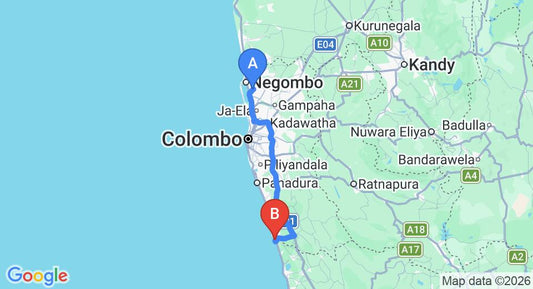 Driving route map: Colombo Airport (CMB) to Marina Bentota, Bentota (108 km, approx 1 h 43 min private transfer)
