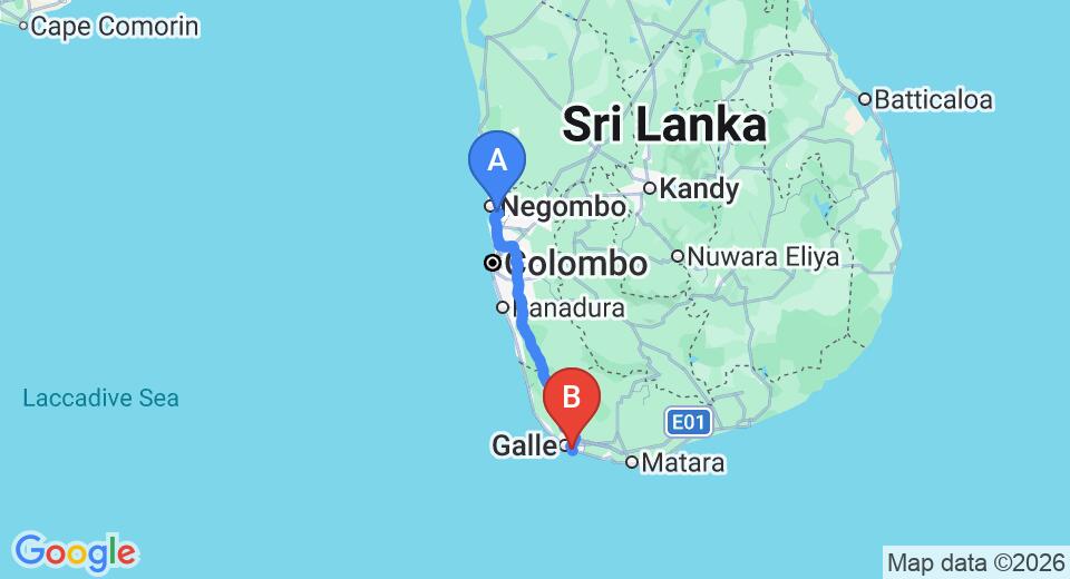 Driving route map: Colombo Airport (CMB) to Joe's Resort Unawatuna, Unawatuna (153 km, approx 2 h 8 min private transfer)