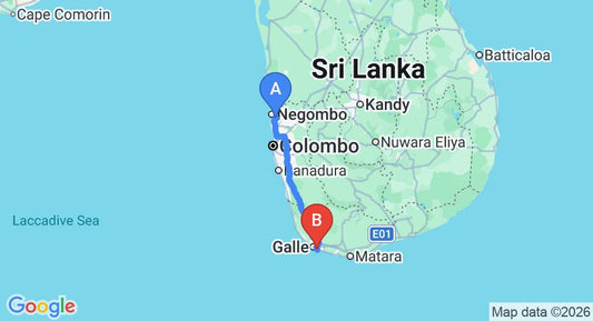 Driving route map: Colombo Airport (CMB) to Joe's Resort Unawatuna, Unawatuna (153 km, approx 2 h 8 min private transfer)