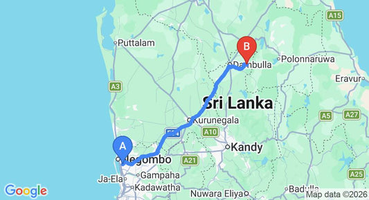 Driving route map: Colombo Airport (CMB) to Mulleriyawa (146 km, approx 3 h 14 min private transfer)
