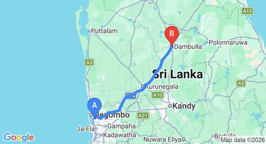 Driving route map: Colombo Airport (CMB) to Heritance Kandalama, Dambulla (130 km, approx 2 h 48 min private transfer)