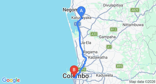 Driving route map: Colombo Airport (CMB) to Colombo 2 (35 km, approx 48 min private transfer)