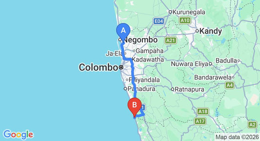 Driving route map: Colombo Airport (CMB) to Lilly Village Boutique Hotel, Bentota (109 km, approx 1 h 44 min private transfer)