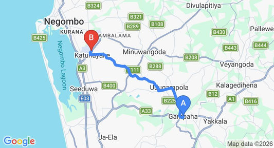 Driving route map: Gampaha to Colombo Airport (CMB) (19 km, approx 37 min private transfer)