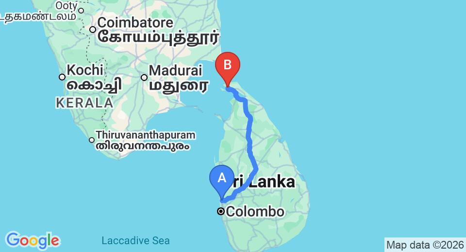 Driving route map: Colombo Airport (CMB) to FOX JAFFNA by Fox Resorts, Jaffna (376 km, approx 7 h 24 min private transfer)