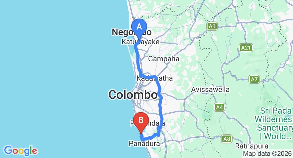 Driving route map: Colombo Airport (CMB) to Randiya Hotel, Moratuwa (74 km, approx 1 h 27 min private transfer)