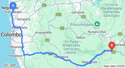 Driving route map: Colombo Airport (CMB) to Discovery Retreat Blackwood, Haputale (204 km, approx 4 h 51 min private transfer)