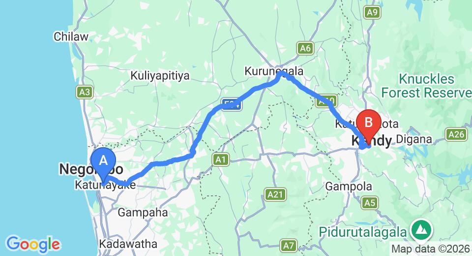 Driving route map: Colombo Airport (CMB) to Fox Kandy by Fox Resorts, Kandy (115 km, approx 2 h 56 min private transfer)