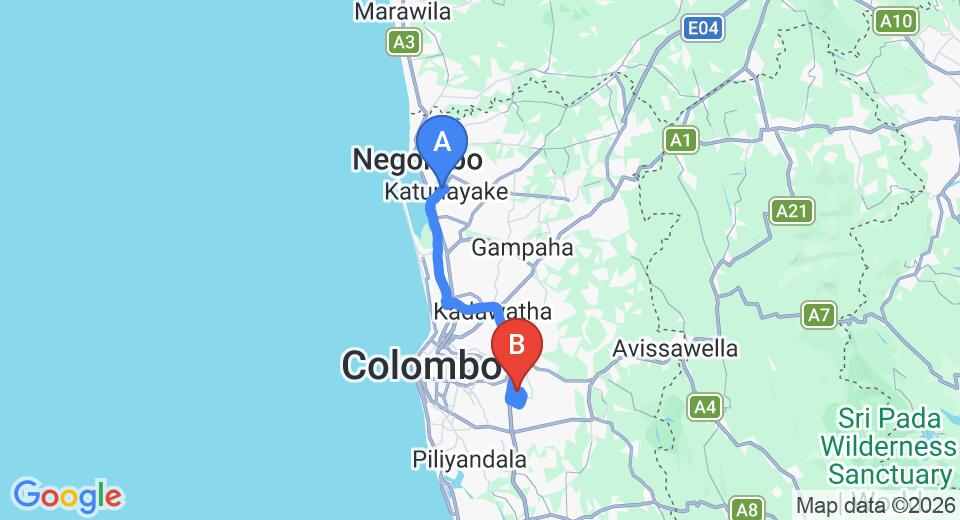 Driving route map: Colombo Airport (CMB) to Field View Holiday Resort Hotel, Colombo (48 km, approx 51 min private transfer)