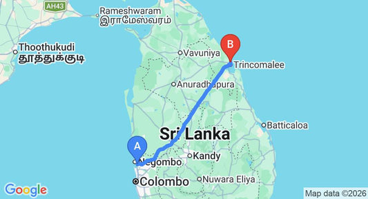 Driving route map: Colombo Airport (CMB) to Trinco Blu by Cinnamon, Trincomalee (238 km, approx 4 h 51 min private transfer)