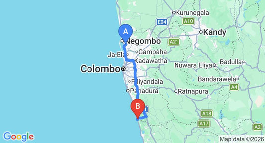 Driving route map: Colombo Airport (CMB) to Riverside Inn Fuji, Bentota (108 km, approx 1 h 41 min private transfer)