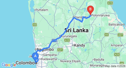 Driving route map: Colombo Seaport to Polonnaruwa (224 km, approx 4 h 39 min private transfer)