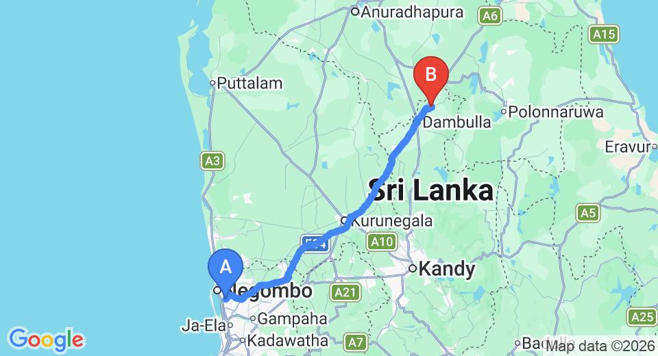 Driving route map: Colombo Airport (CMB) to Grand Regent Holiday Resort and Spa, Sigiriya (140 km, approx 3 h 2 min private transfer)