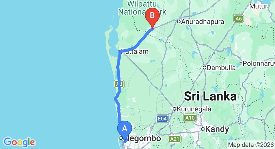 Driving route map: Colombo Airport (CMB) to Hotel Leopard Den, Wilpattu (148 km, approx 3 h 24 min private transfer)