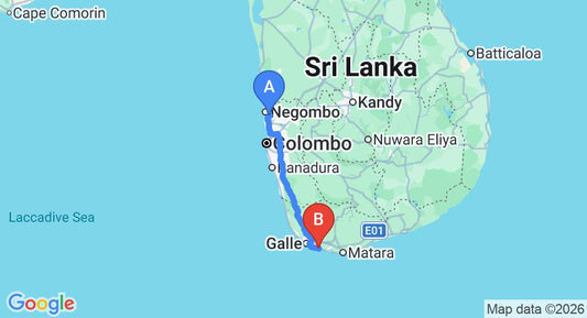 Driving route map: Colombo Airport (CMB) to The Fortress Resort and Spa, Galle (162 km, approx 2 h 22 min private transfer)