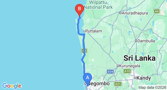 Driving route map: Colombo Airport (CMB) to Kodev, Kalpitiya (142 km, approx 3 h 20 min private transfer)