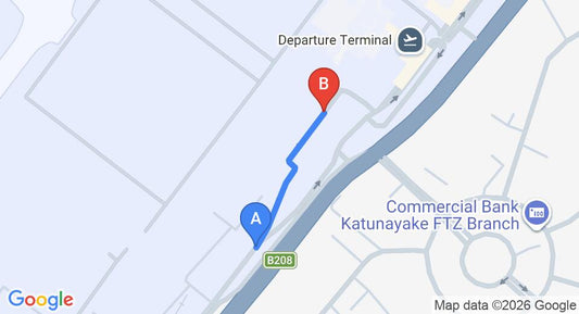 Driving route map: Colombo Airport (CMB) to Casa Heliconia, Katunayake (0 km, approx 0 min private transfer)