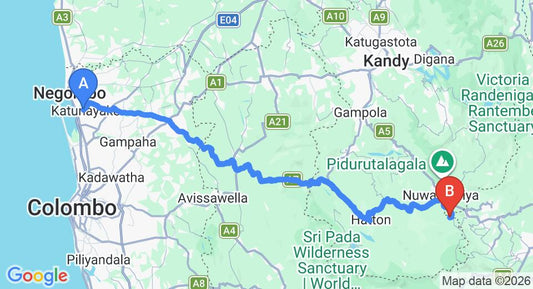 Driving route map: Colombo Airport (CMB) to The Plains Green Bungalow, Ambewela (159 km, approx 4 h 58 min private transfer)