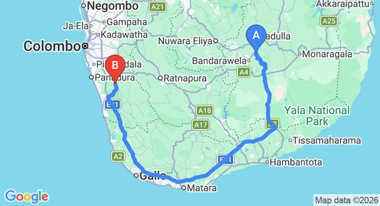 Driving route map: Ella to Yala (272 km, approx 4 h 21 min private transfer)