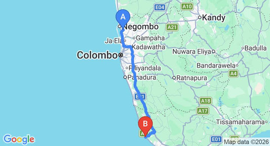 Driving route map: Colombo Airport (CMB) to Hotel Nippon Villa, Hikkaduwa (144 km, approx 2 h 9 min private transfer)