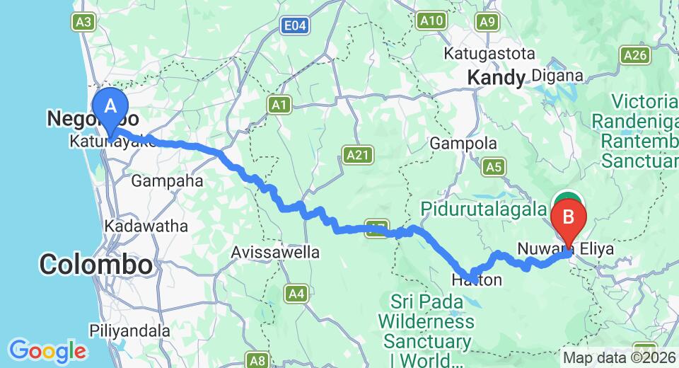 Driving route map: Colombo Airport (CMB) to House of Leisure, Nuwara Eliya (153 km, approx 4 h 43 min private transfer)