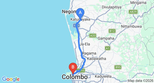 Driving route map: Colombo Airport (CMB) to Colombo 11 (33 km, approx 44 min private transfer)