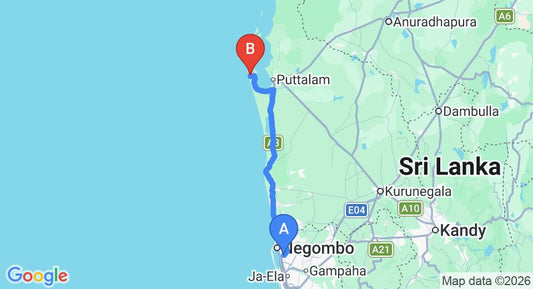 Driving route map: Colombo Airport (CMB) to Big Game Camps and Lodges Alankuda, Kalpitiya (119 km, approx 2 h 53 min private transfer)