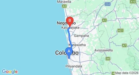 Driving route map: Kirulapana to Colombo Airport (CMB) (36 km, approx 49 min private transfer)