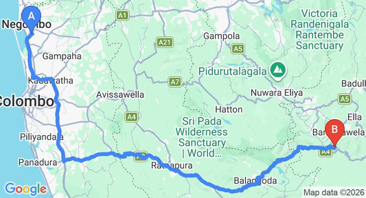 Driving route map: Colombo Airport (CMB) to White Monkey - Dias Rest, Haputale (211 km, approx 5 h 7 min private transfer)