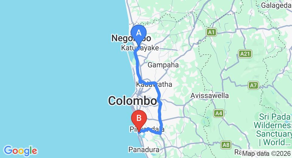 Driving route map: Colombo Airport (CMB) to Amasuva, Moratuwa (68 km, approx 1 h 18 min private transfer)